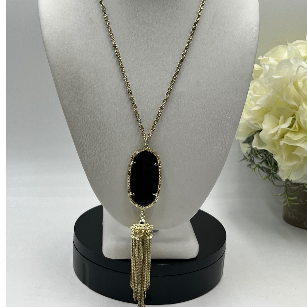 Kendra Scott Signed Rayne Black Lucite Acrylic Pendant Tassel Gold Tone Necklace